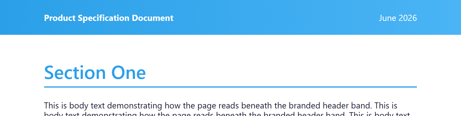 A full-width blue gradient header band with the document title on the left and the date on the right